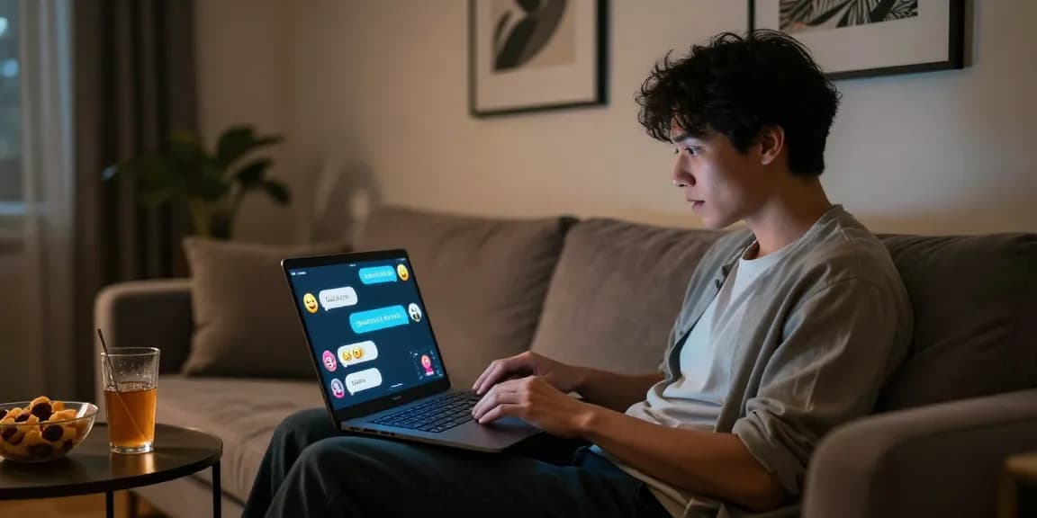 Engaging in nsfw ai chat on a laptop in an inviting room.