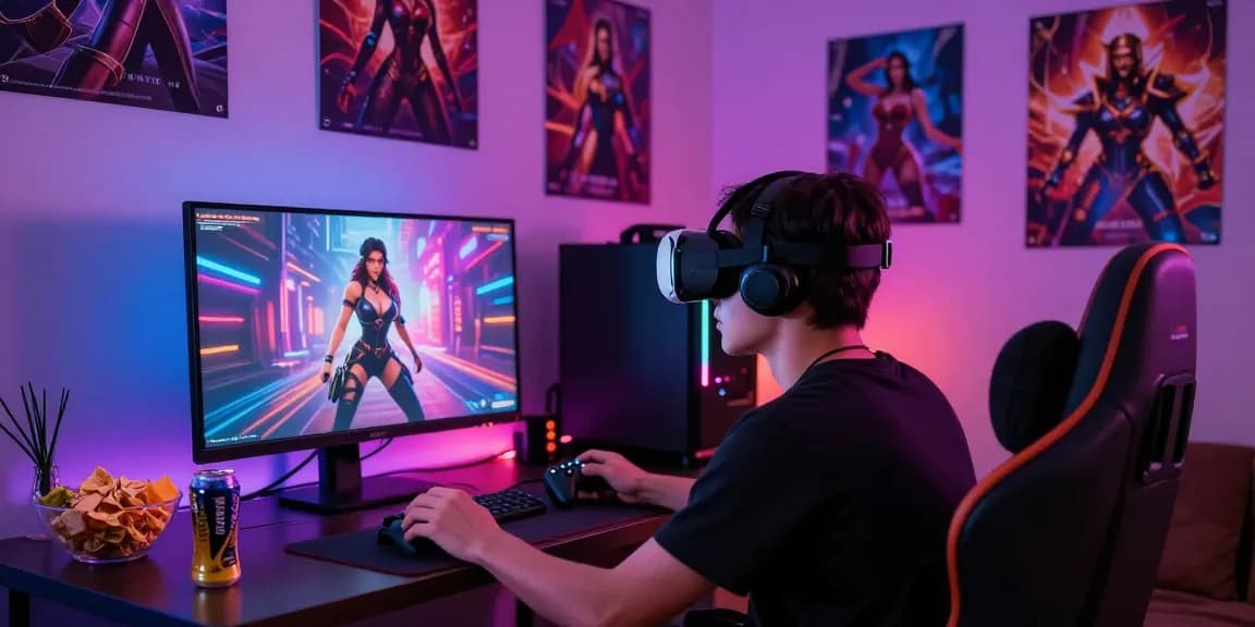 Engaged player in a dynamic sex simulator game with colorful lighting and immersive setup.