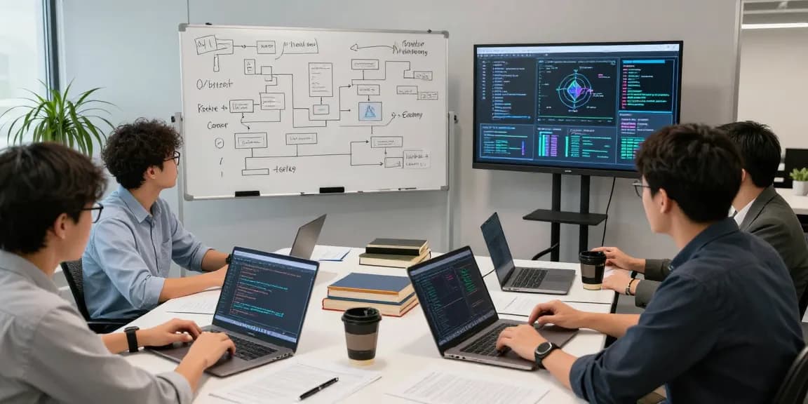 AI development team collaborating on agentic AI algorithms in a modern workshop.