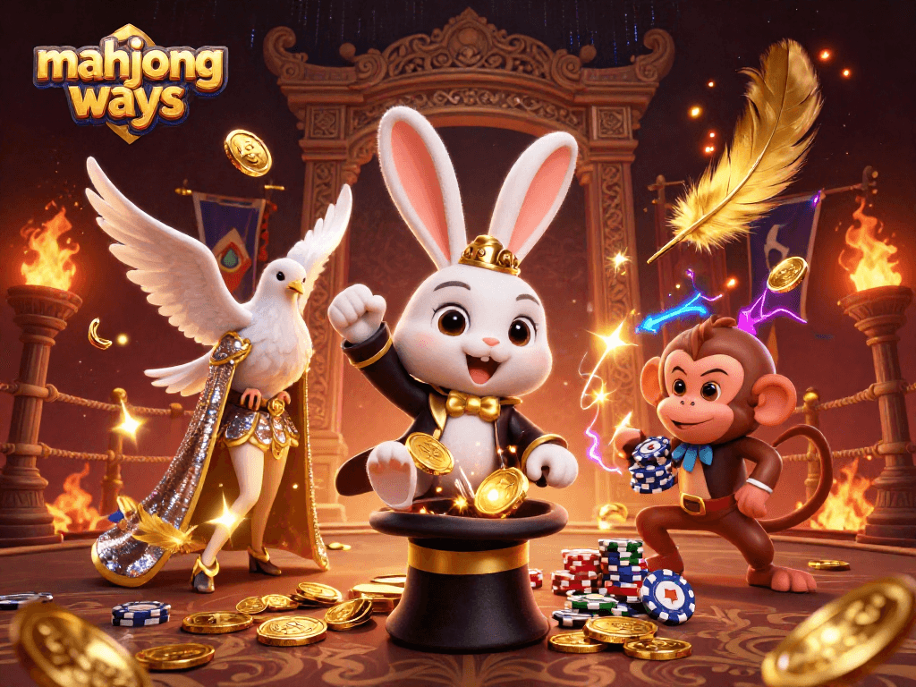 Engage in mahjong ways with a lively 3D scene featuring dynamic characters and vibrant casino elements.
