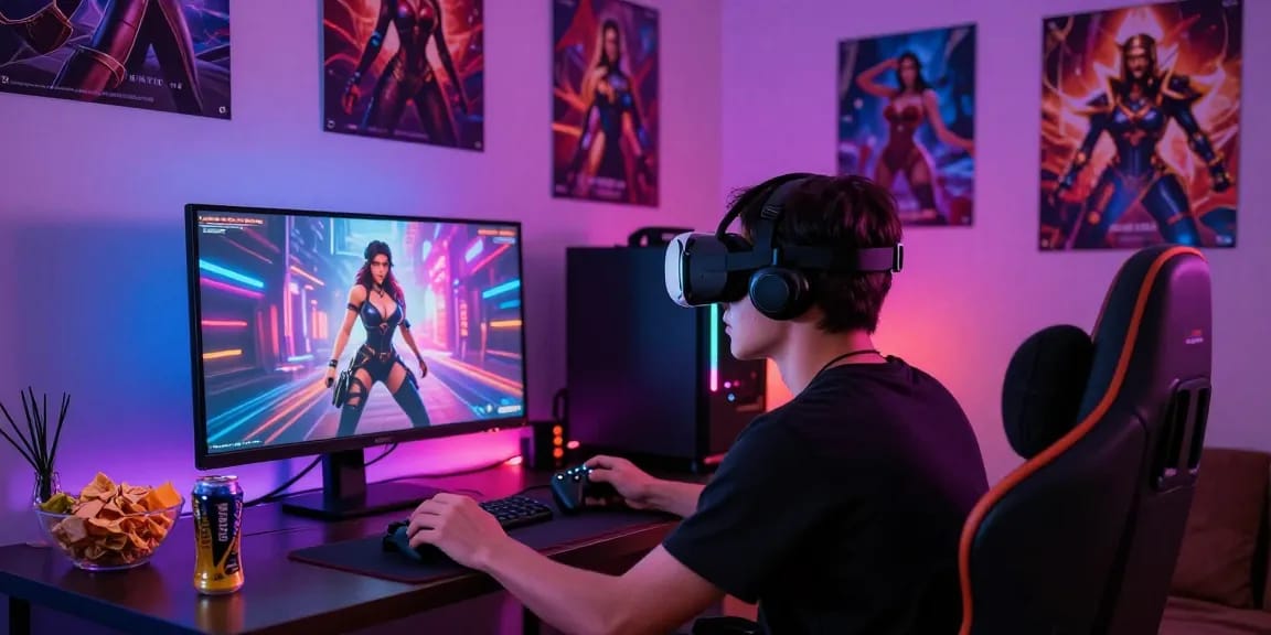 Engaged player in a dynamic sex simulator game with colorful lighting and immersive setup.