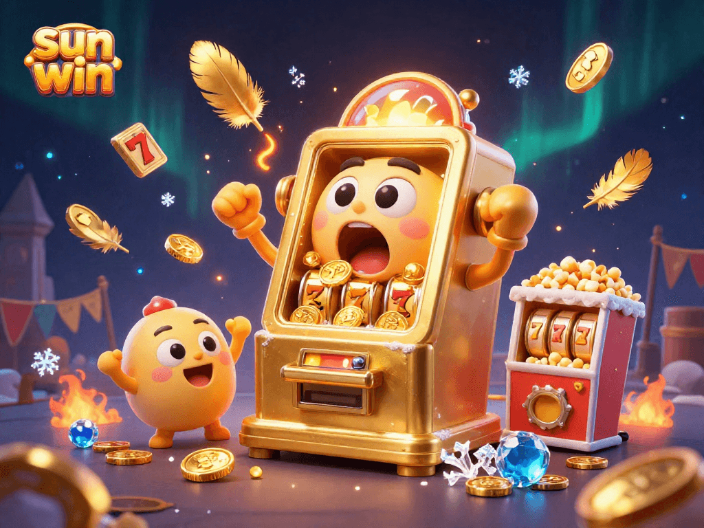 Experience the thrill of sun win as the golden slot machine hits a jackpot, surrounded by excitement and rewards.