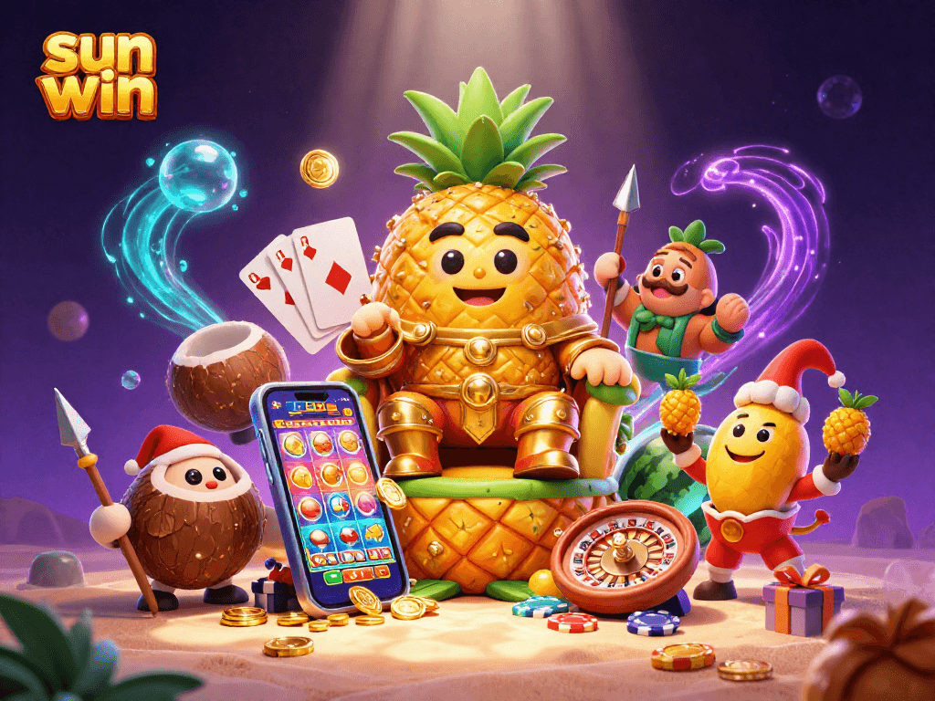 Experience excitement and fun with sun win in this vibrant beach casino scene featuring whimsical characters and slot games.