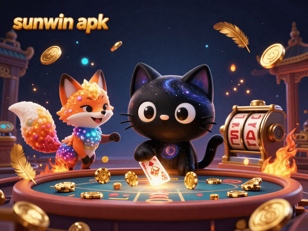 Engaging cosmic casino scene featuring sunwin apk with a black hole cat and nebula fox in action.