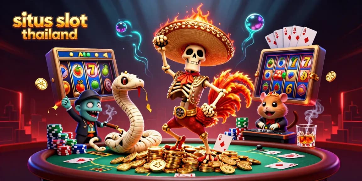 Situs slot thailand features a lively 3D scene with characters celebrating big wins amid vibrant slot elements.