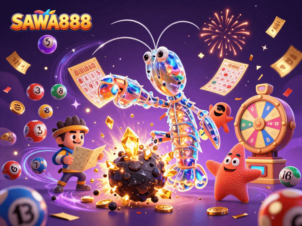 A galactic samurai mantis shrimp and navigator starfish exploring the vibrant world of SAWA888 with colorful lottery balls and dynamic gaming elements.