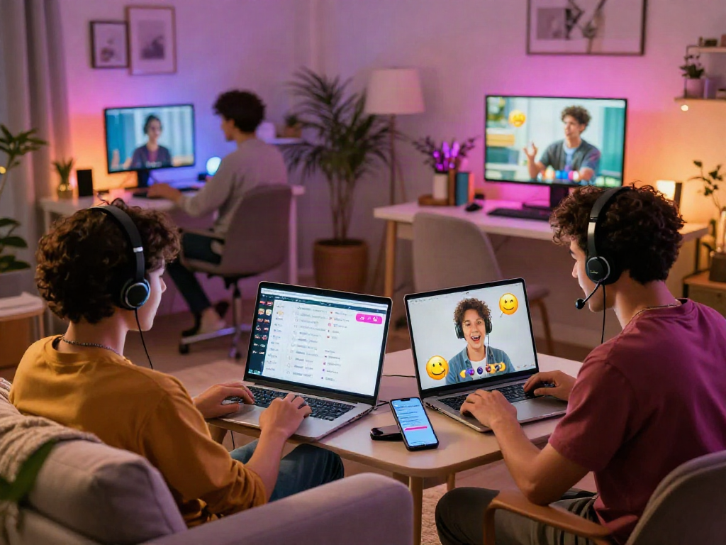 A diverse group enjoying ai porn chat in cozy home settings, showcasing engaging virtual interactions with personal touches.