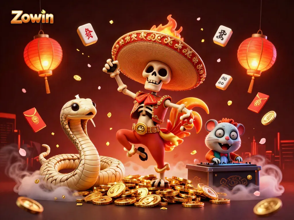 Experience a thrilling casino adventure with Zowin featuring victory dancing characters and festive casino elements.