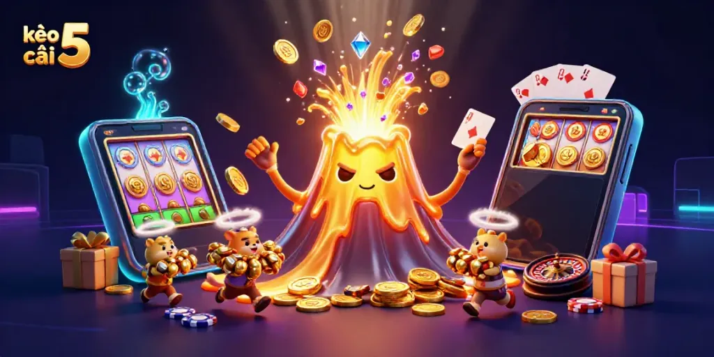 Experience the excitement of kèo nhà cái 5 with a golden volcano erupting coins, games, and treasure.