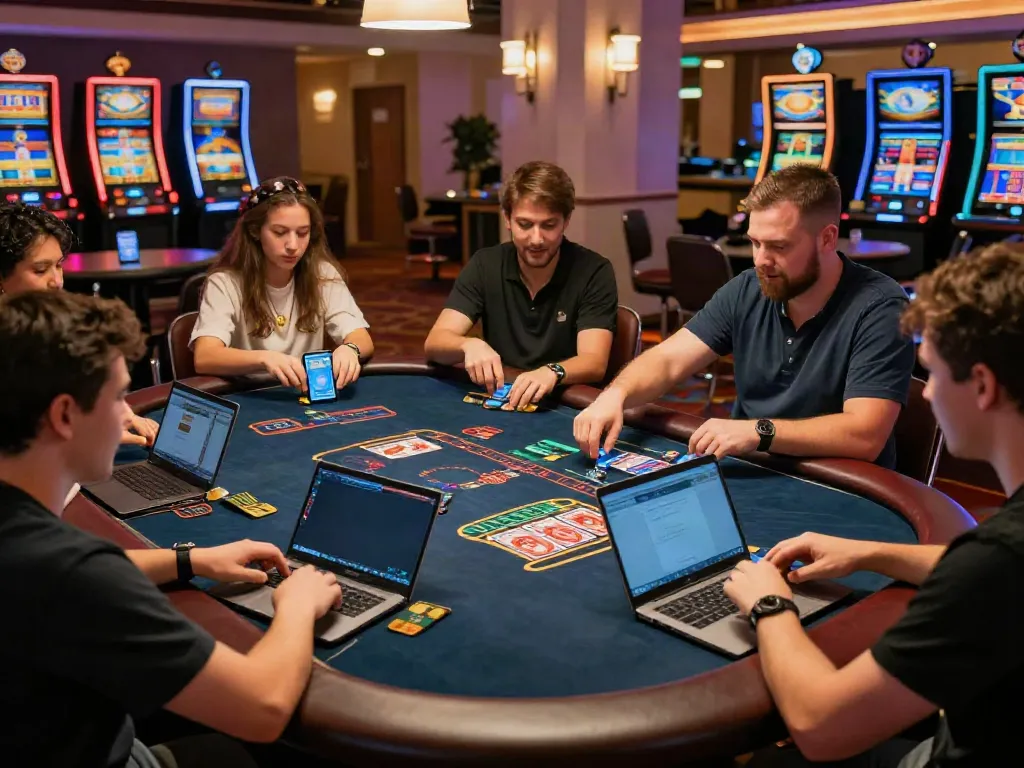 Engaged players enjoying online credit card casinos at digital card tables with vibrant graphics.