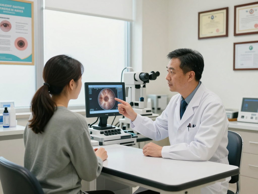 Consultation about retinal disorder treatment options in modern clinic with doctor and patient