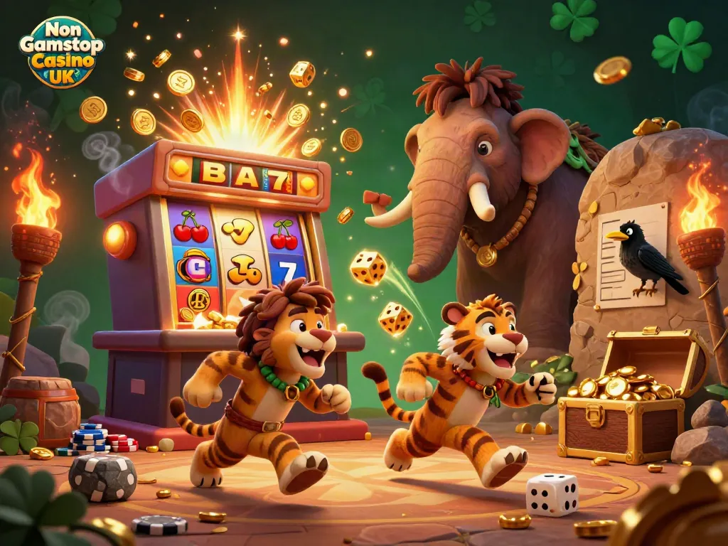 Experience excitement at Non Gamstop Casino UK with a dynamic prehistoric casino scene full of vibrant gaming elements.