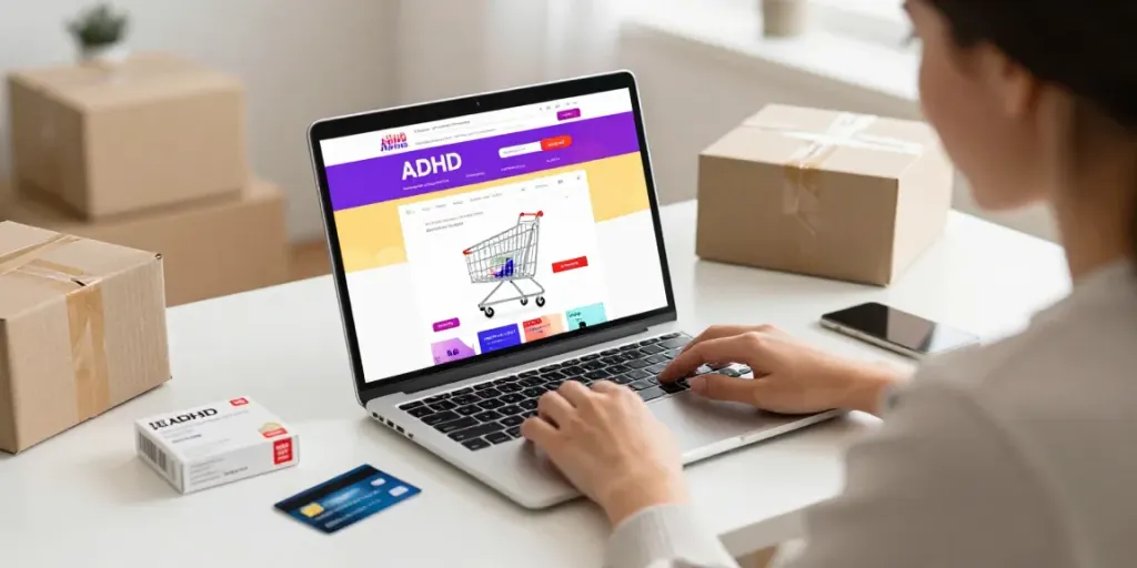 Online shopping for ADHD medication at home, showcasing best deals and a user-friendly e-commerce platform.