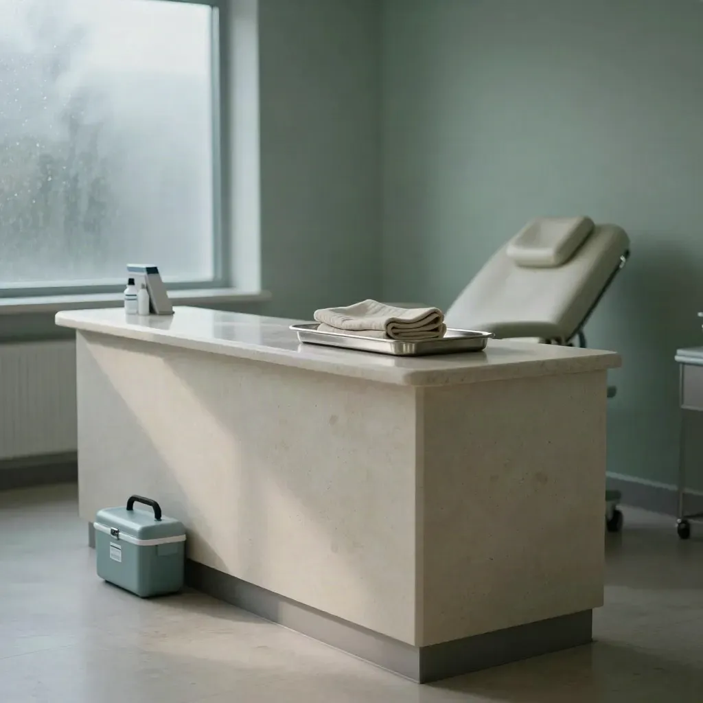 Empty private clinic reception with couch, tray, linen, cool box and travel-health kit in moody daylight.