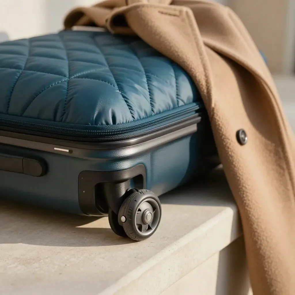 Compact travel-health kit with suitcase wheel, insulated vaccine pouch, and folded coat by a chair