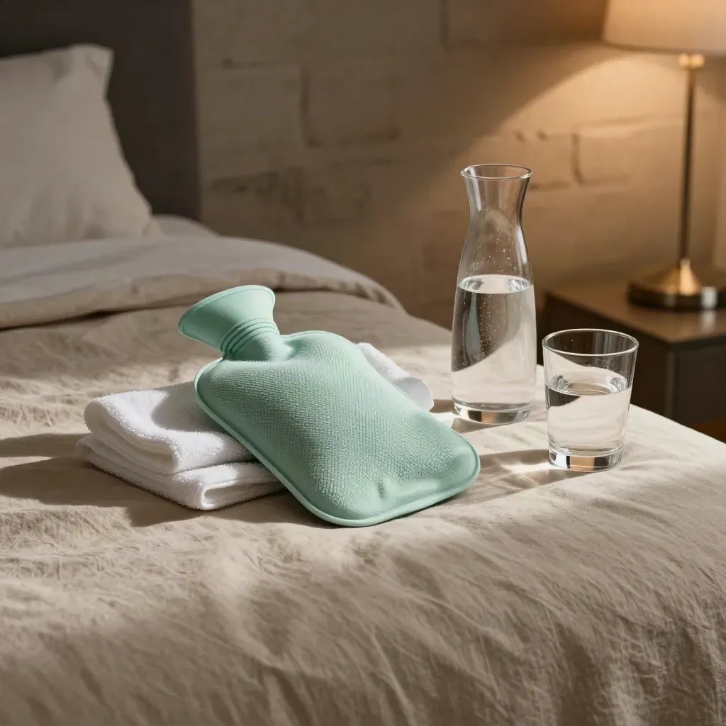 Bedside recovery scene with hot-water bottle, cooling towel, and water carafe in moody light.