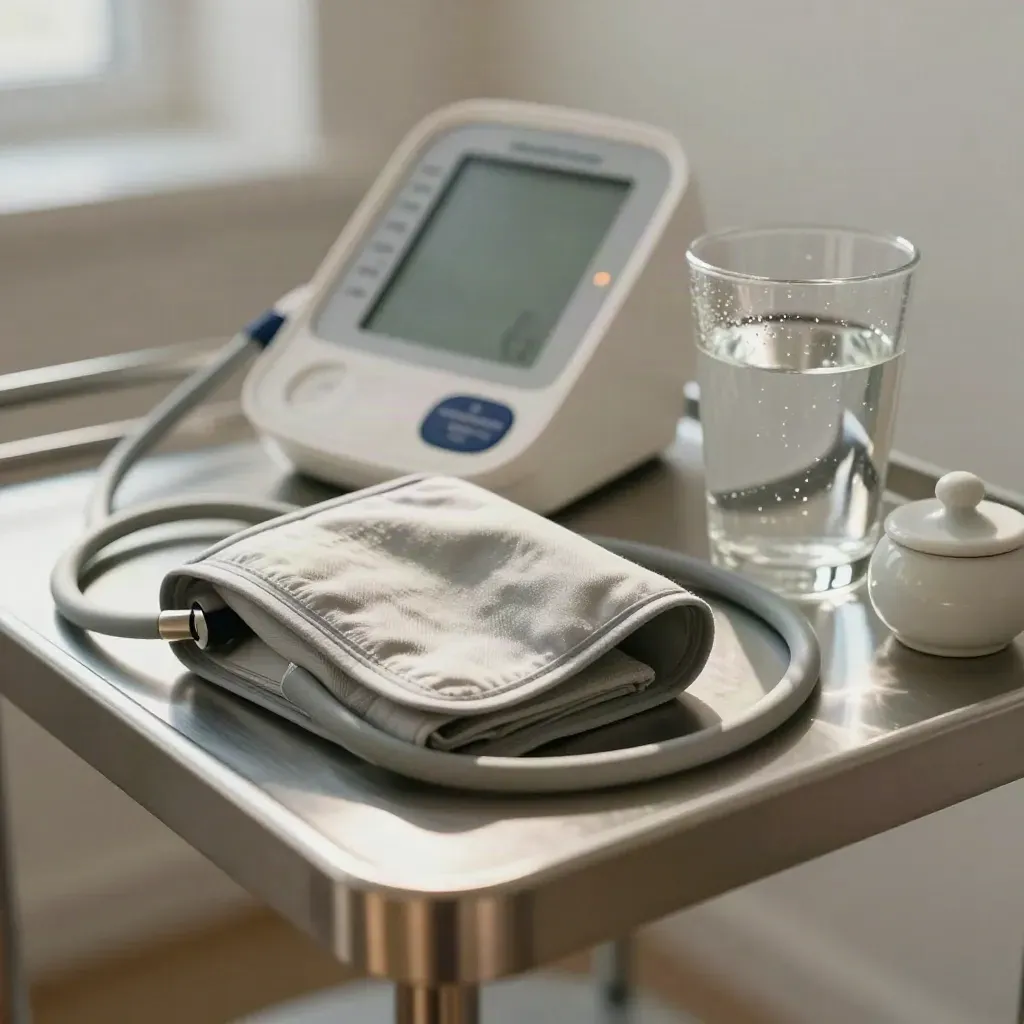 Blood-pressure monitor, cuff, water glass and salt cellar on a clinical steel trolley.