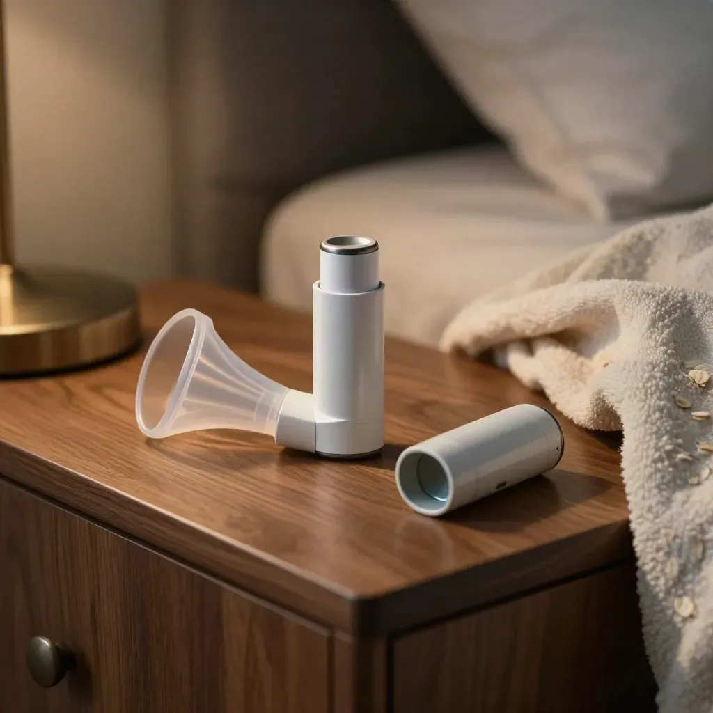 Top-down asthma care kit with inhaler, spacer, peak-flow meter and folded blanket on a bedside table.