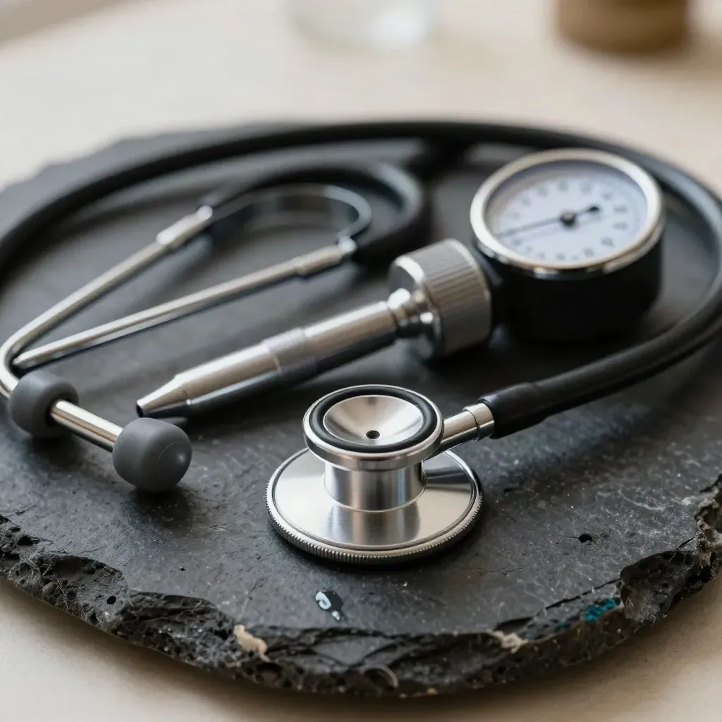 Stethoscope and GP instruments arranged on dark stone in a calm macro close-up.