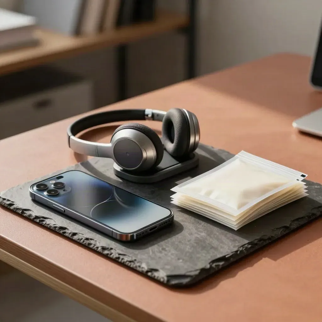 Headset, dock, phone and sealed sample bags on a terracotta clinic counter in soft daylight.
