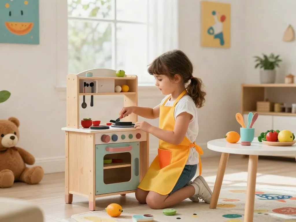 Little girl enjoying imaginative play at her colourful play kitchen set