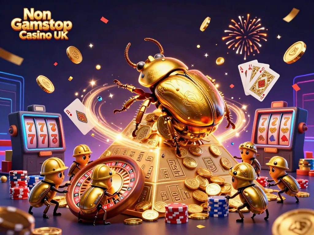 Experience the thrills of Non Gamstop Casino UK with vibrant 3D illustration showing celebrating gambling elements.