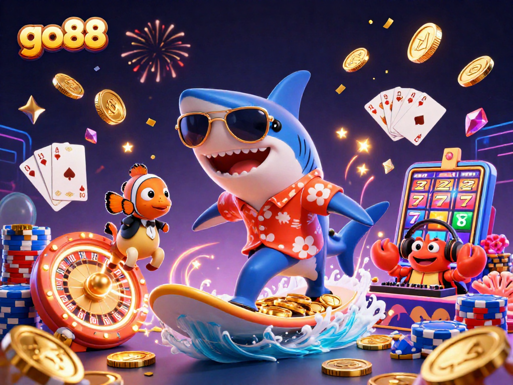 Experience excitement with go88's vibrant casino illustration featuring playful underwater characters amidst sparkling gaming elements.