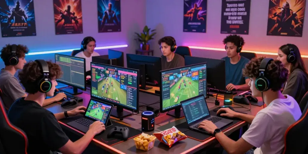 Friends engaging in online gaming and sports betting at https://tx88bet.vip/ in a vibrant, tech-filled environment.