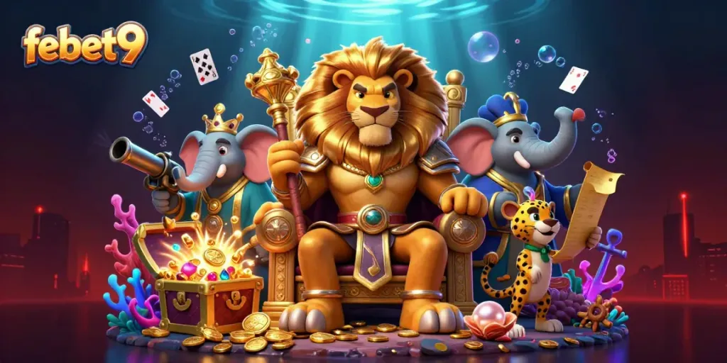 Experience the vibrant world of febet9 as majestic characters engage in a treasure-filled digital realm.
