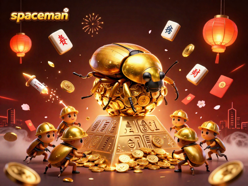 Engage with spaceman-themed slot adventure featuring golden beetles and vibrant casino elements.