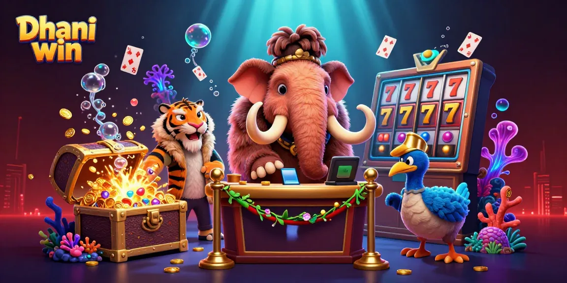 Dhani win gaming scene with a woolly mammoth bouncer, saber-tooth tiger guest, and vibrant casino elements