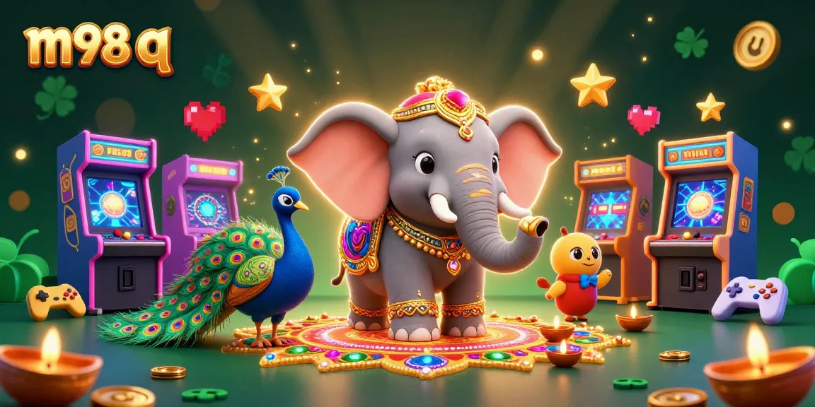 Experience the excitement of m98 q through a vibrant illustration featuring a Diwali-themed elephant surrounded by casino elements.