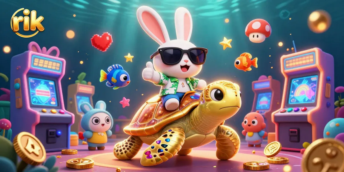 Experience excitement with rik as a lucky rabbit rides a golden turtle in a vibrant casino scene.