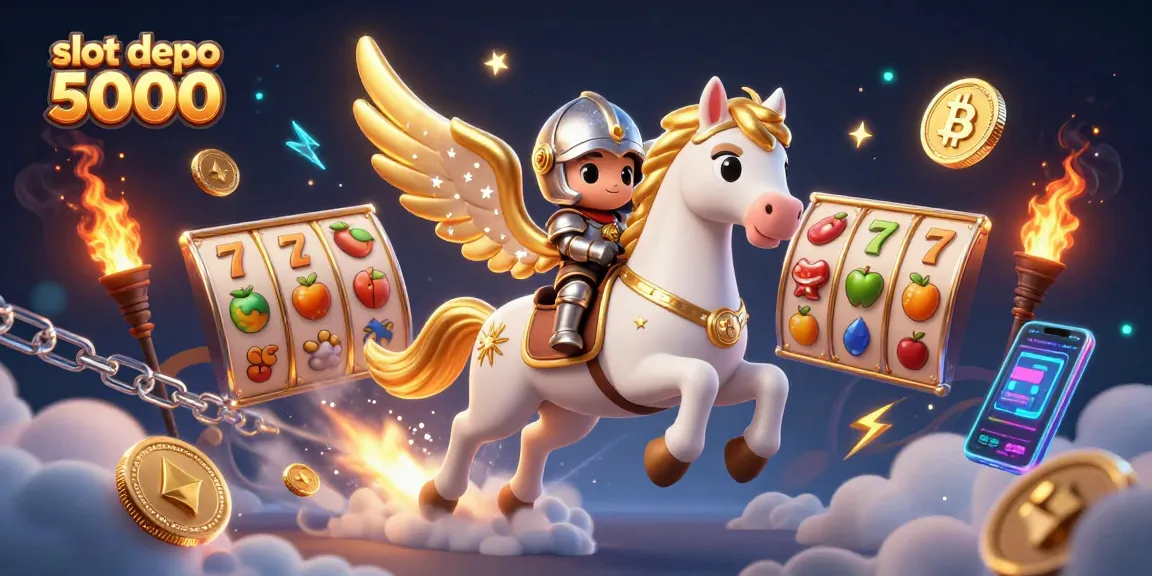 Engage with slot depo 5000 through this dynamic 3D illustration featuring a knight and celestial horse amidst gaming elements.