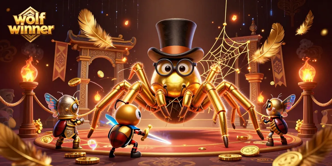 wolfwinner features a golden tarantula and beetle knight amid a vibrant casino-themed scene.